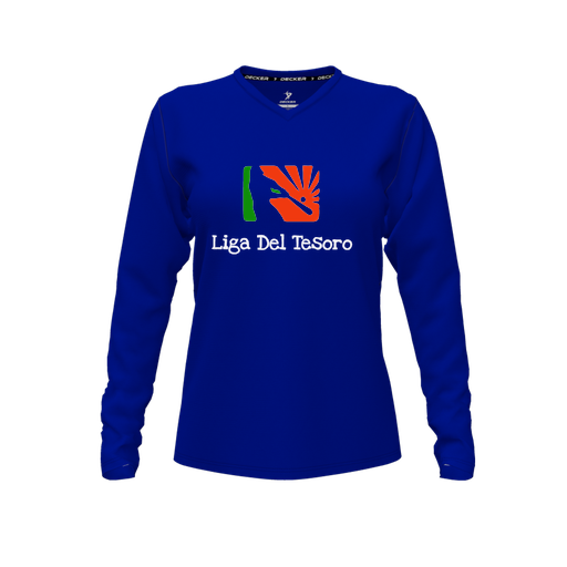 [CUS-DFW-TEES-CMF-VNK-LSL-RYL-FYXS-LOGO1] Decker Comfort T-Shirt (Female Youth XS, Royal, V Neck, Logo 1, Long Sleeve)