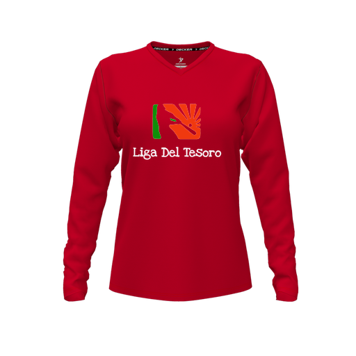 [CUS-DFW-TEES-CMF-VNK-LSL-RED-FYXS-LOGO1] Decker Comfort T-Shirt (Female Youth XS, Red, V Neck, Logo 1, Long Sleeve)