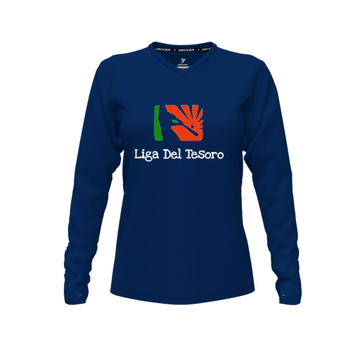 [CUS-DFW-TEES-PER-VNK-LSL-NVY-FYXS-LOGO1] Decker Performance T-Shirt (Female Youth XS, Navy, V Neck, Logo 1, Long Sleeve)