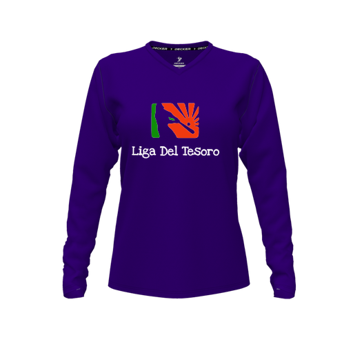 [CUS-DFW-TEES-PER-VNK-LSL-PUR-FYXS-LOGO1] Decker Performance T-Shirt (Female Youth XS, Purple, V Neck, Logo 1, Long Sleeve)